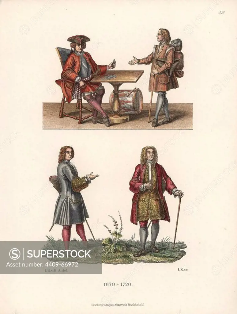 Burghers from late 17th century Germany. The seated man at top wears a red-and-white sash over his cuirass and offers a viaticum to a vagabond. The two men below are patricians from Augsburg wearing the long tunic coats of the era. Chromolithograph from Hefner-Alteneck's "Costumes, Artworks and Appliances from the Middle Ages to the 18th Century," Frankfurt, 1889. Illustration by Dr. Jakob Heinrich von Hefner-Alteneck, lithograph by Joh. Klipphahn, and published by Heinrich Keller. Dr. Hefner-Alteneck (1811 - 1903) was a German curator, archaeologist, art historian, illustrator and etcher.