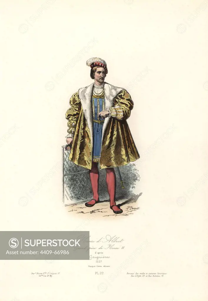 Henri d'Albret, grandfather to Henri IV, 1527. Handcoloured steel engraving by Polidor Pauquet after Gaignieres from the Pauquet Brothers' "Modes et Costumes Historiques" (Historical Fashions and Costumes), Paris, 1865. Hippolyte (b. 1797) and Polydor Pauquet (b. 1799) ran a successful publishing house in Paris in the 19th century, specializing in illustrated books on costume, birds, butterflies, anatomy and natural history.