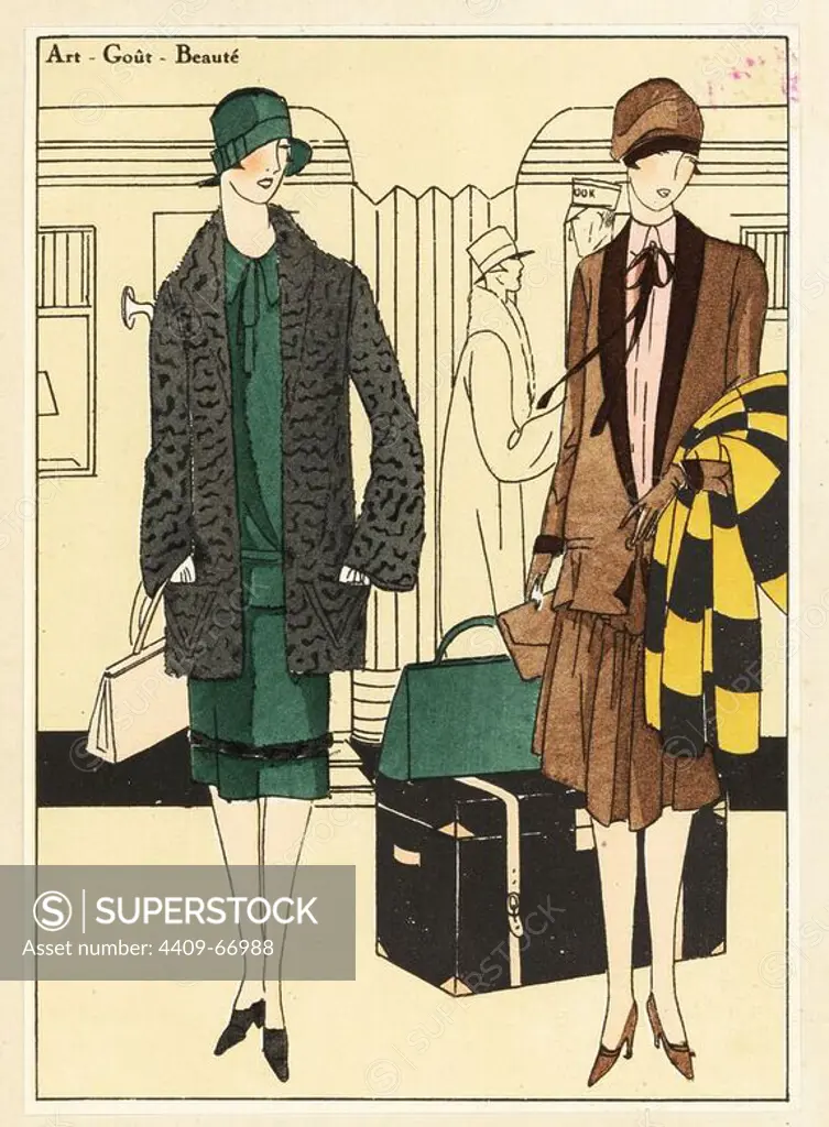 Two women with travel bags in front of a train. One wears a sports ensemble in green wool and a visiting suit with velvet trim. Lithograph with pochoir (stencil) handcolour from the luxury French fashion magazine "Art, Gout, Beaute," 1926.
