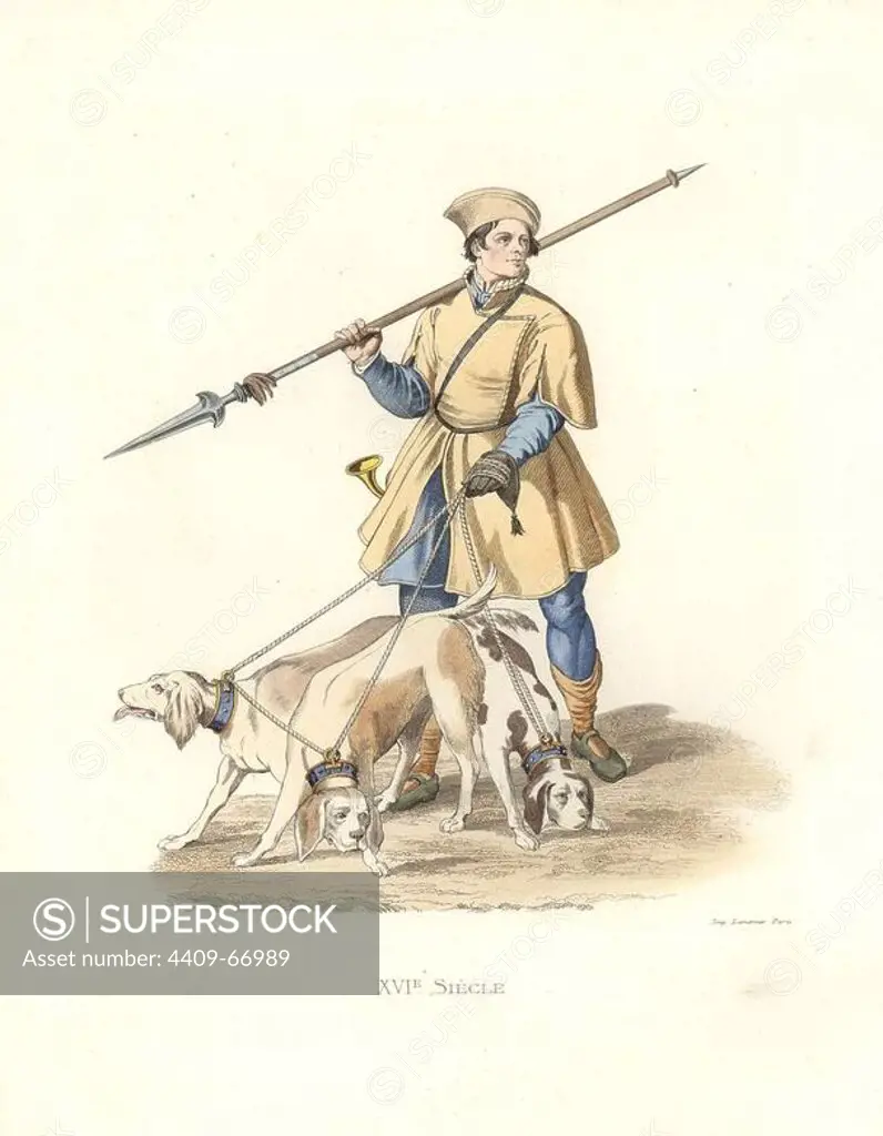 Valet to the hounds under Francis I, with lance, hunting horn and three hunting dogs. From a tapestry owned by de Saint-Ferreol.. Handcolored illustration by E. Lechevallier-Chevignard, lithographed by A. Didier, L. Flameng, F. Laguillermie, from Georges Duplessis's "Costumes historiques des XVIe, XVIIe et XVIIIe siecles" (Historical costumes of the 16th, 17th and 18th centuries), Paris 1867. The book was a continuation of the series on the costumes of the 12th to 15th centuries published by Camille Bonnard and Paul Mercuri from 1830. Georges Duplessis (1834-1899) was curator of the Prints department at the Bibliotheque nationale. Edmond Lechevallier-Chevignard (1825-1902) was an artist, book illustrator, and interior designer for many public buildings and churches. He was named professor at the National School of Decorative Arts in 1874.