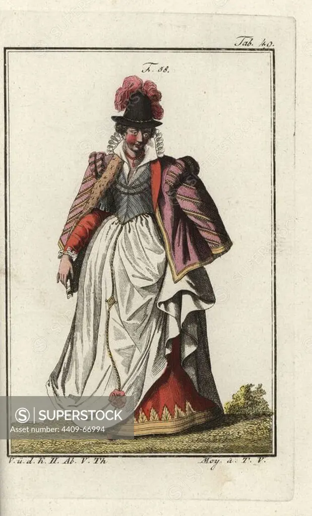 Woman of France, 1581. Handcolored copperplate engraving from Robert von Spalart's "Historical Picture of the Costumes of the Principal People of Antiquity and of the Middle Ages," Vienna, 1811. Illustration based on Thomas Jefferys Collection of Dresses of Different Nations, Antient and Modern. After the Designs of Holbein, Van Dyke, Hollar, and others, London, 1757.