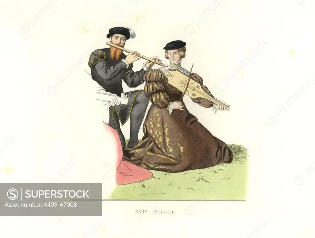 Gentleman and woman, England, 16th century. Handcolored illustration by E. Lechevallier-Chevignard, lithographed by A. Didier, L. Flameng, F. Laguillermie, from Georges Duplessis's "Costumes historiques des XVIe, XVIIe et XVIIIe siecles" (Historical costumes of the 16th, 17th and 18th centuries), Paris 1867. The book was a continuation of the series on the costumes of the 12th to 15th centuries published by Camille Bonnard and Paul Mercuri from 1830. Georges Duplessis (1834-1899) was curator of the Prints department at the Bibliotheque nationale. Edmond Lechevallier-Chevignard (1825-1902) was an artist, book illustrator, and interior designer for many public buildings and churches. He was named professor at the National School of Decorative Arts in 1874.