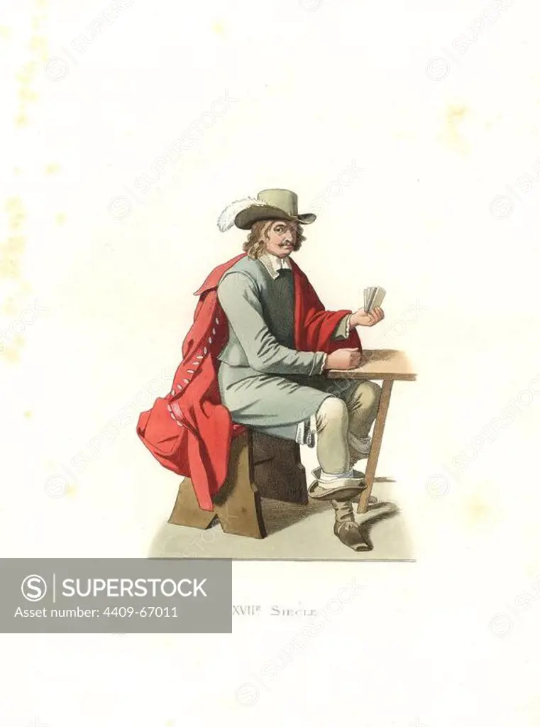 Officer from the Low Countries, 17th century, from a painting by David Teniers in the Louvre. Handcolored illustration by E. Lechevallier-Chevignard, lithographed by A. Didier, L. Flameng, F. Laguillermie, from Georges Duplessis's "Costumes historiques des XVIe, XVIIe et XVIIIe siecles" (Historical costumes of the 16th, 17th and 18th centuries), Paris 1867. The book was a continuation of the series on the costumes of the 12th to 15th centuries published by Camille Bonnard and Paul Mercuri from 1830. Georges Duplessis (1834-1899) was curator of the Prints department at the Bibliotheque nationale. Edmond Lechevallier-Chevignard (1825-1902) was an artist, book illustrator, and interior designer for many public buildings and churches. He was named professor at the National School of Decorative Arts in 1874.