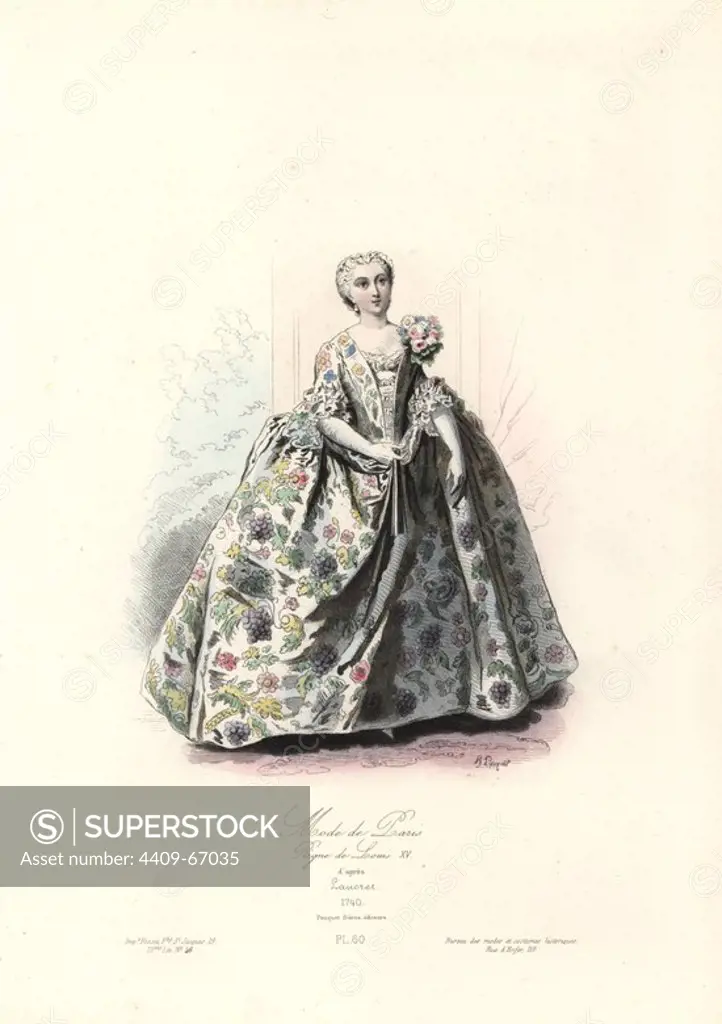 Paris women's fashion, reign of Louis XV, 1740. Handcoloured steel engraving by Polidor Pauquet after Nicolas Lancret from the Pauquet Brothers' "Modes et Costumes Historiques" (Historical Fashions and Costumes), Paris, 1865. Hippolyte (b. 1797) and Polydor Pauquet (b. 1799) ran a successful publishing house in Paris in the 19th century, specializing in illustrated books on costume, birds, butterflies, anatomy and natural history.