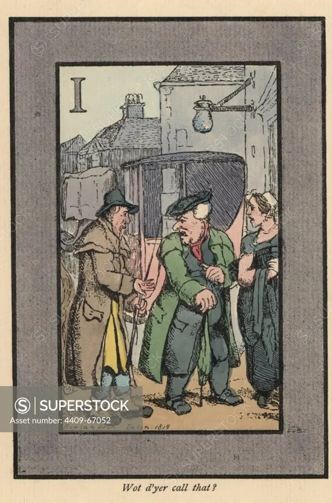 Hackney cab driver complaining to his passengers about the small tip (1819). Handcoloured woodblock engraving after an original painting by Thomas Rowlandson (1756-1827) from Andrew Tuer's "London Cries: with Six Charming Children and about forty other illustrations," published by Field & Tuer, London, 1883.