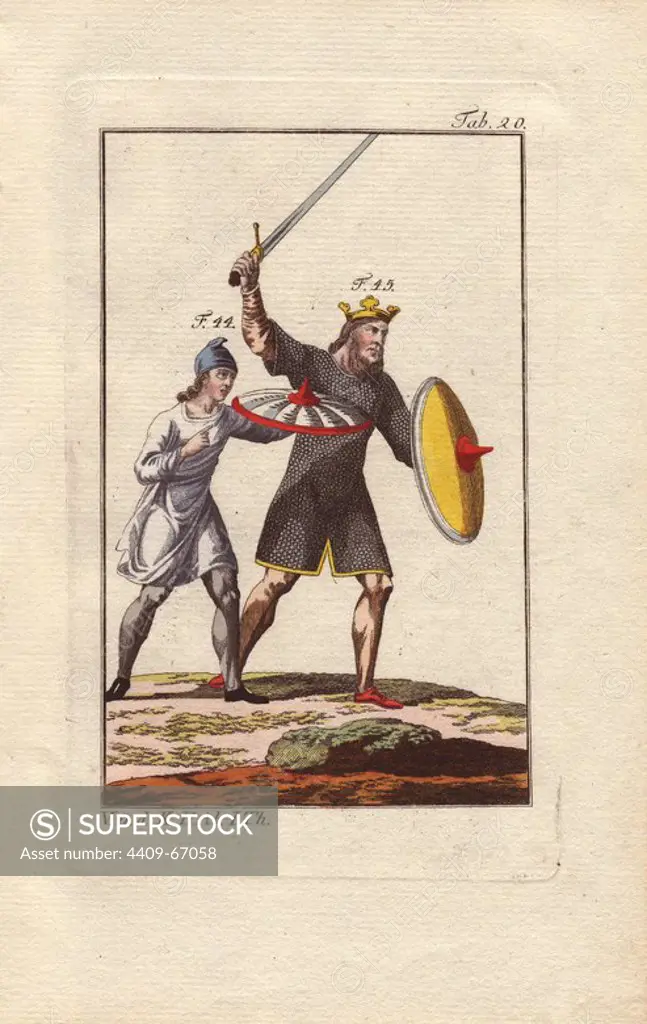 Anglo saxon king in battle wearing a crown and a knee-length chain-mail tunic ("lorica"), a suit of armour reserved for royalty in the 8th century. He carries a yellow shield in his left hand and brandishes a sword in his right hand above his head.. Beside him, his equerry wears a blue cloth hat and white tunic, and carries a white shield rimmed with scarlet. Handcolored copperplate engraving from Robert von Spalart's "Historical Picture of the Costumes of the Principal People of Antiquity and of the Middle Ages" (1796).