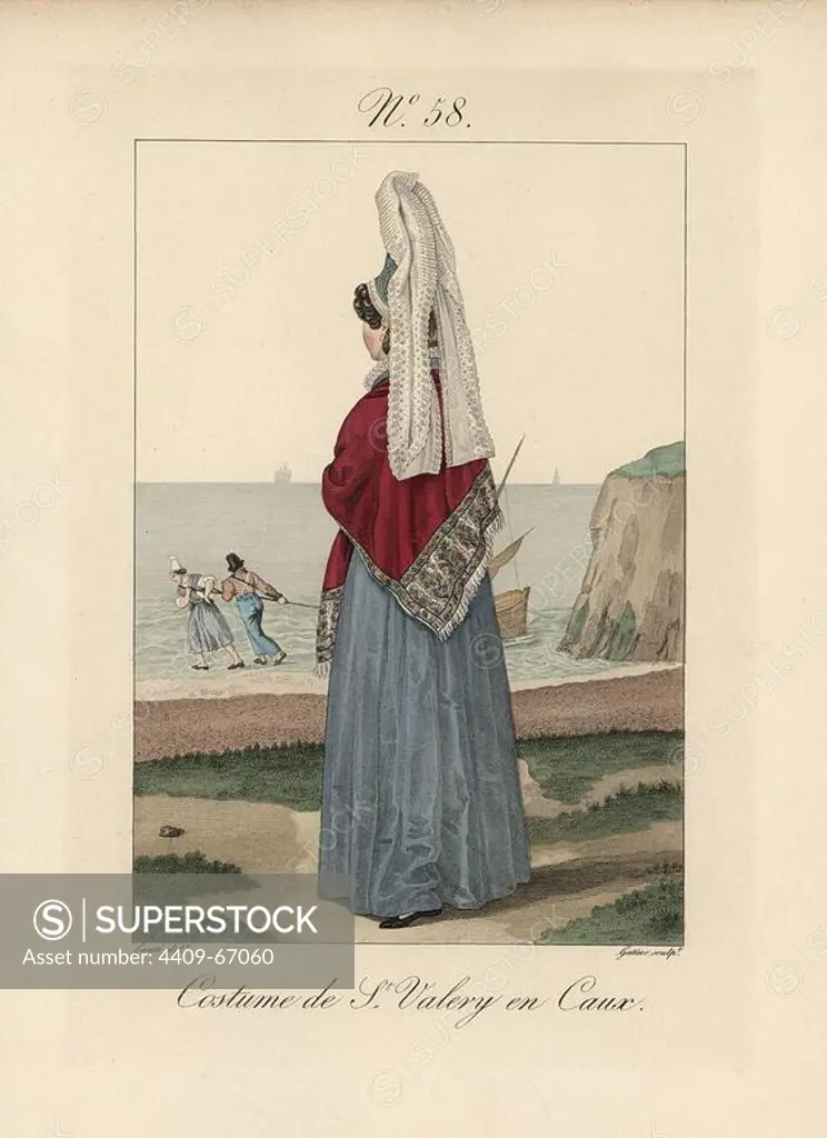 Costume of St. Valery en Caux. There seems to be no tie or strap to fix the bonnet. The background shows two people towing a sail boat along the beach. Hand-colored fashion plate illustration by Lante engraved by Gatine from Louis-Marie Lante's "Costumes des femmes du Pays de Caux," 1827/1885. With their tall Alsation lace hats, the women of Caux and Normandy were famous for the elegance and style.