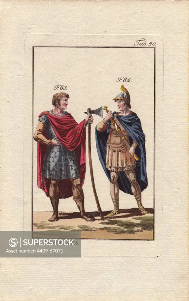 Guy I (1020s~1100), count of Ponthieu.. "To the Franks and the Anglo Saxons, the mantle was reserved for persons of elevated rank. To prove it, the count of Ponthieu (83) wears one.". "One notices already, toward the 8th century, breastplates made of leather (84), others made in the form of scales (83), and suits of chain-mail.". "In the era of Pepin-le-bref in 752, one already finds a great diversity of weapons among the Franks: among others, lances and slings (83, 84), war axes, clubs and crossbows.". "The helm is also more commonly in this era. In fig. 84, it appears in a very unusual form." . Handcolored copperplate engraving from Robert von Spalart's "Historical Picture of the Costumes of the Principal People of Antiquity and of the Middle Ages" (1796).