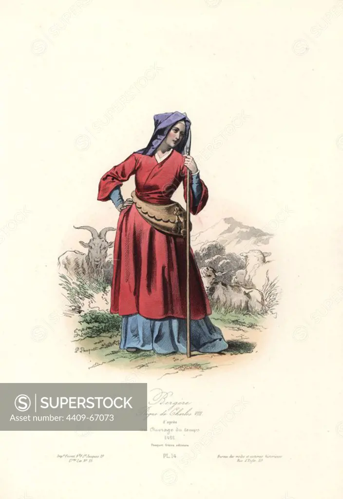 Shepherdess, reign of Charles VIII, 1491. Handcoloured steel engraving by Polidor Pauquet after a contemporary work from the Pauquet Brothers' "Modes et Costumes Historiques" (Historical Fashions and Costumes), Paris, 1865. Hippolyte (b. 1797) and Polydor Pauquet (b. 1799) ran a successful publishing house in Paris in the 19th century, specializing in illustrated books on costume, birds, butterflies, anatomy and natural history.