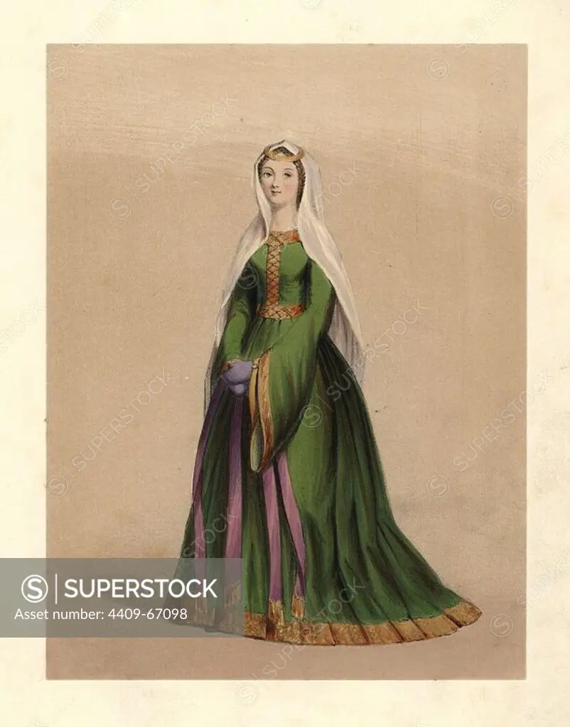 Anglo-Norman Lady from the reign of King William I, the Conqueror, 1066-1087. She wears a long green full dress with long flared sleeves, a veil and gold diadem. Cotton MS (Nero C.4) in the British Museum. Handcoloured lithograph from "Costumes of British Ladies from the Time of William the First to the Reign of Queen Victoria, London, Dickinson & Son, 1840. 48 mounted plates of women's fashion from 1066 to 1840 based on effigies, manuscripts, portraits, prints and literary descriptions.