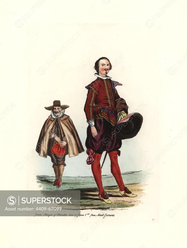 James, Marquis of Hamilton, from the time of James I, picture by Mark Garrard. Background figure Tobias Hobson from Caulfield's Remarkable Persons. Handcolored engraving from "Civil Costume of England from the Conquest to the Present Period" drawn by Charles Martin and etched by Leopold Martin, London, Henry Bohn, 1842. The costumes were drawn from tapestries, monumental effigies, illuminated manuscripts and portraits. Charles and Leopold Martin were the sons of the romantic artist and mezzotint engraver John Martin (1789-1854).
