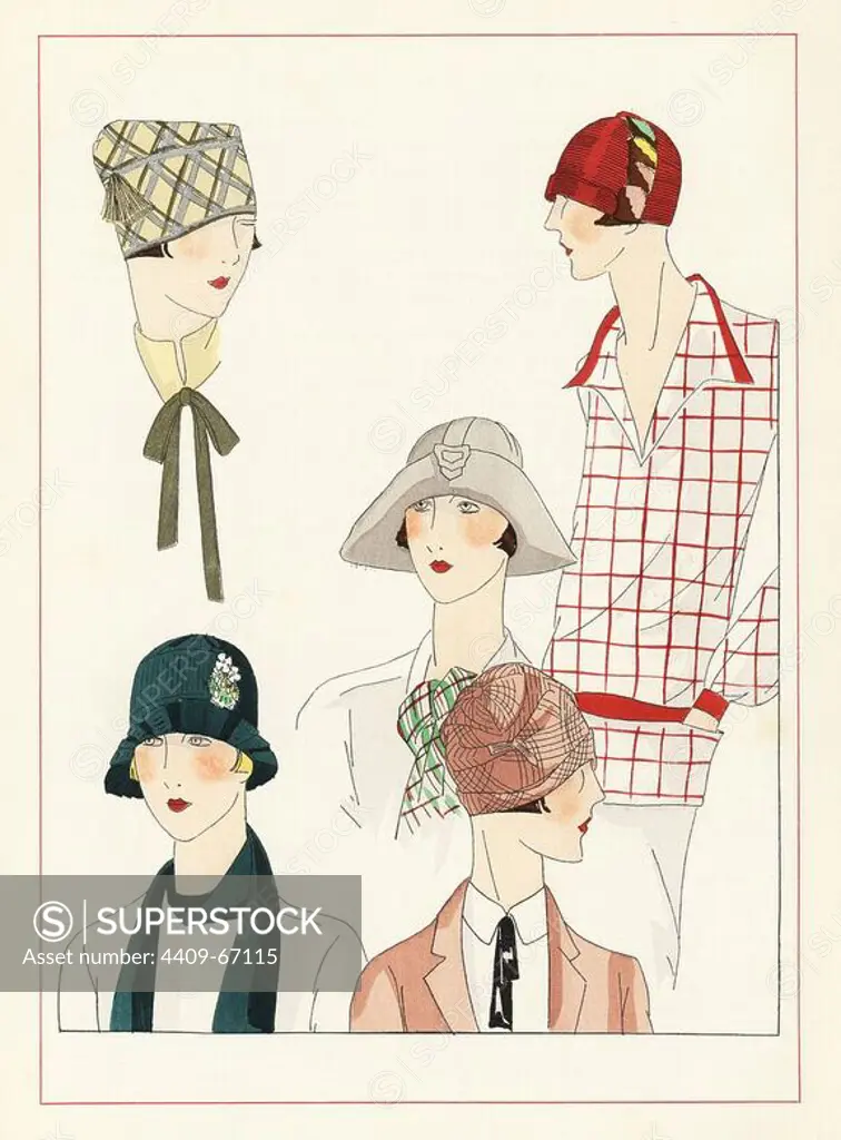 Variety of cloche hat fashions from May 1925. Lithograph with pochoir (stencil) handcolour from the luxury French fashion magazine "Art, Gout, Beaute," 1926.