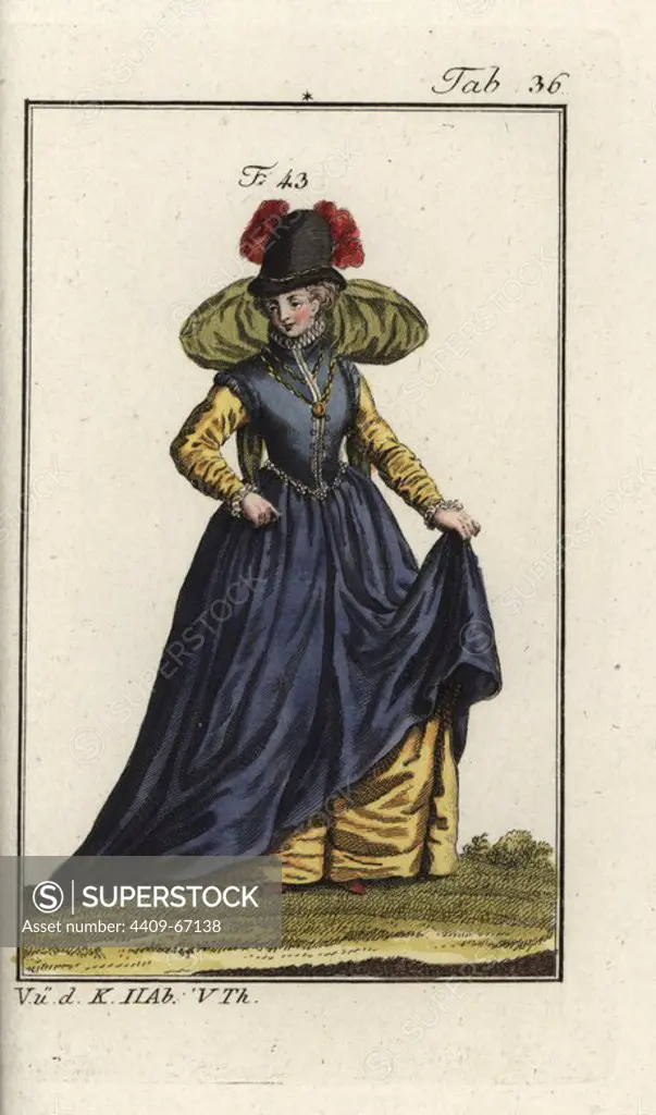 Noblewoman of Burgundy, 1577. Handcolored copperplate engraving from Robert von Spalart's "Historical Picture of the Costumes of the Principal People of Antiquity and of the Middle Ages," Vienna, 1811. Illustration based on Thomas Jefferys Collection of Dresses of Different Nations, Antient and Modern. After the Designs of Holbein, Van Dyke, Hollar, and others, London, 1757.