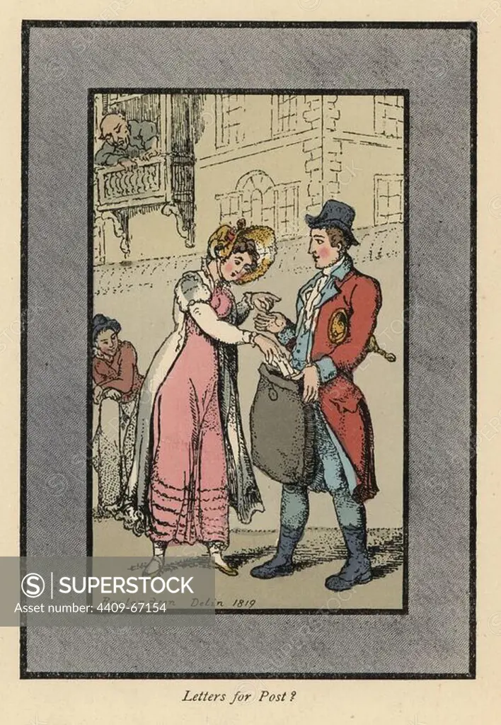Woman paying and dropping a letter into a sack held by a Royal Mail postman. Handcoloured woodblock print after an original painting by Thomas Rowlandson (1756-1827) from Andrew Tuer's "London Cries: with Six Charming Children and about forty other illustrations," published by Field & Tuer, London, 1883.