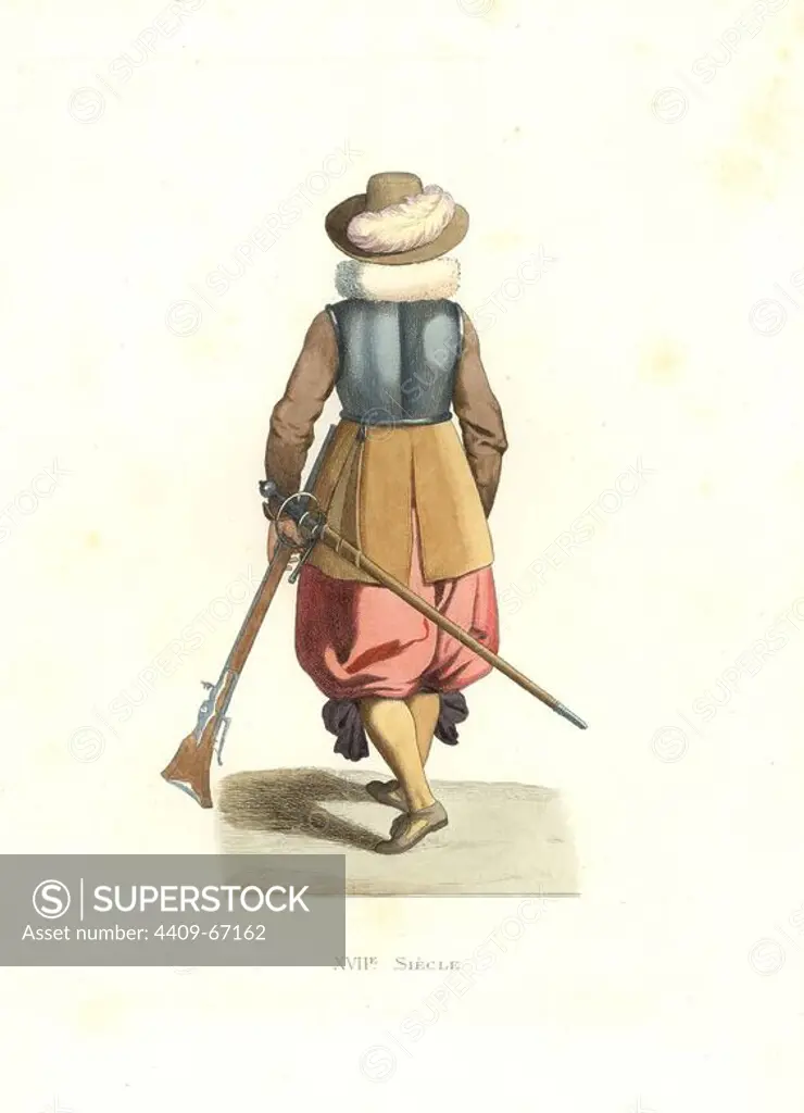 Musketeer from French Flanders, 17th century, from an original painting. Handcolored illustration by E. Lechevallier-Chevignard, lithographed by A. Didier, L. Flameng, F. Laguillermie, from Georges Duplessis's "Costumes historiques des XVIe, XVIIe et XVIIIe siecles" (Historical costumes of the 16th, 17th and 18th centuries), Paris 1867. The book was a continuation of the series on the costumes of the 12th to 15th centuries published by Camille Bonnard and Paul Mercuri from 1830. Georges Duplessis (1834-1899) was curator of the Prints department at the Bibliotheque nationale. Edmond Lechevallier-Chevignard (1825-1902) was an artist, book illustrator, and interior designer for many public buildings and churches. He was named professor at the National School of Decorative Arts in 1874.