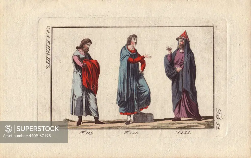 Three Norman men of the 12th century; one in a surtout and carrying a talar (a robe in fashion at the end of the 12th century), one wearing a talar over his surtout, and one in a conical bonnet.. Handcolored copperplate engraving from Robert von Spalart's "Historical Picture of the Costumes of the Principal People of Antiquity and of the Middle Ages" (1796).
