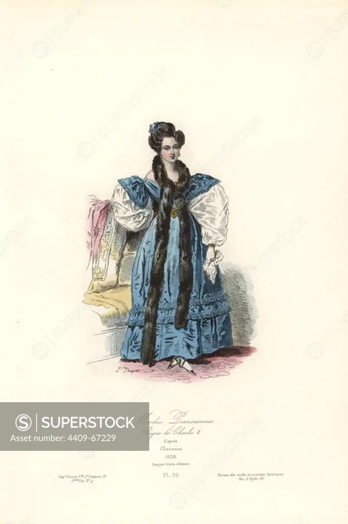 Paris fashions, reign of Charles X, 1828. Handcoloured steel engraving by Polidor Pauquet after Achille Deveria from the Pauquet Brothers' "Modes et Costumes Historiques" (Historical Fashions and Costumes), Paris, 1865. Hippolyte (b. 1797) and Polydor Pauquet (b. 1799) ran a successful publishing house in Paris in the 19th century, specializing in illustrated books on costume, birds, butterflies, anatomy and natural history.