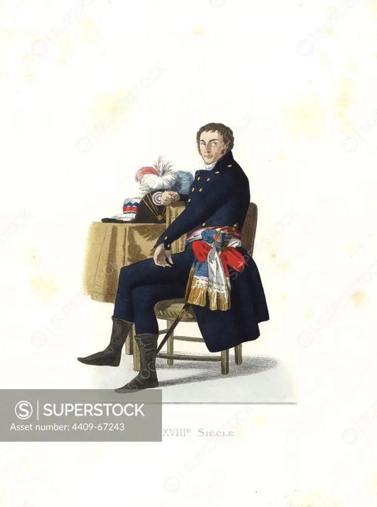 Guillemardet, Ambassador of the French Republic, France, 18th century. Handcolored illustration by E. Lechevallier-Chevignard, lithographed by A. Didier, L. Flameng, F. Laguillermie, from Georges Duplessis's "Costumes historiques des XVIe, XVIIe et XVIIIe siecles" (Historical costumes of the 16th, 17th and 18th centuries), Paris 1867. The book was a continuation of the series on the costumes of the 12th to 15th centuries published by Camille Bonnard and Paul Mercuri from 1830. Georges Duplessis (1834-1899) was curator of the Prints department at the Bibliotheque nationale. Edmond Lechevallier-Chevignard (1825-1902) was an artist, book illustrator, and interior designer for many public buildings and churches. He was named professor at the National School of Decorative Arts in 1874.