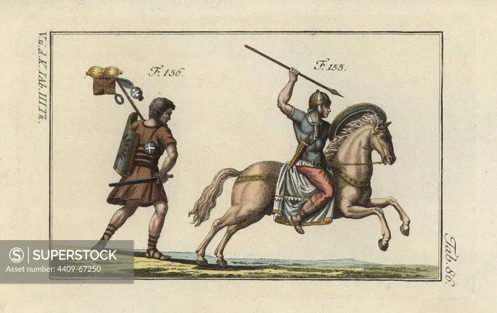 Roman cavalry with javelin (verutum) and a Roman soldier on the march with his pack, sword (gladius) and shield (scutum). Handcolored copperplate engraving from Robert von Spalart's "Historical Picture of the Costumes of the Principal People of Antiquity and of the Middle Ages" (1798).