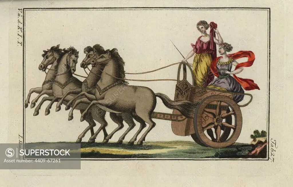 Women with laurel wreath and fluttering mantles driving a Greek four-horse chariot. Handcolored copperplate engraving from Robert von Spalart's "Historical Picture of the Costumes of the Principal People of Antiquity and of the Middle Ages" (1796).