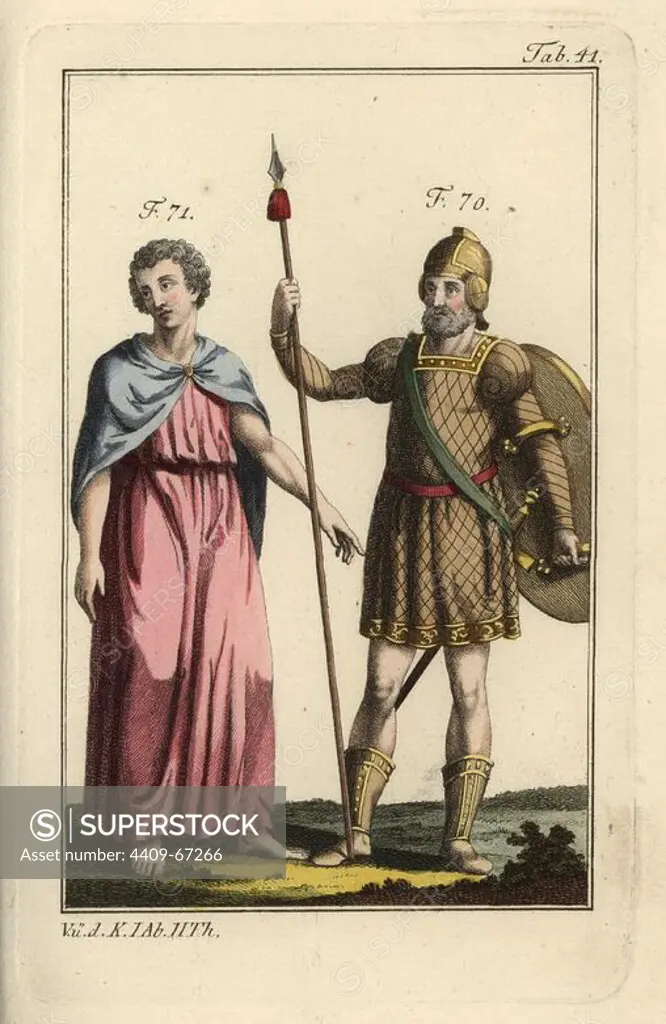 Gaul warrior in full battledress, with lance, shield, sword and helmet, and a Belgian woman. Handcolored copperplate engraving from Robert von Spalart's "Historical Picture of the Costumes of the Principal People of Antiquity and of the Middle Ages" (1797).