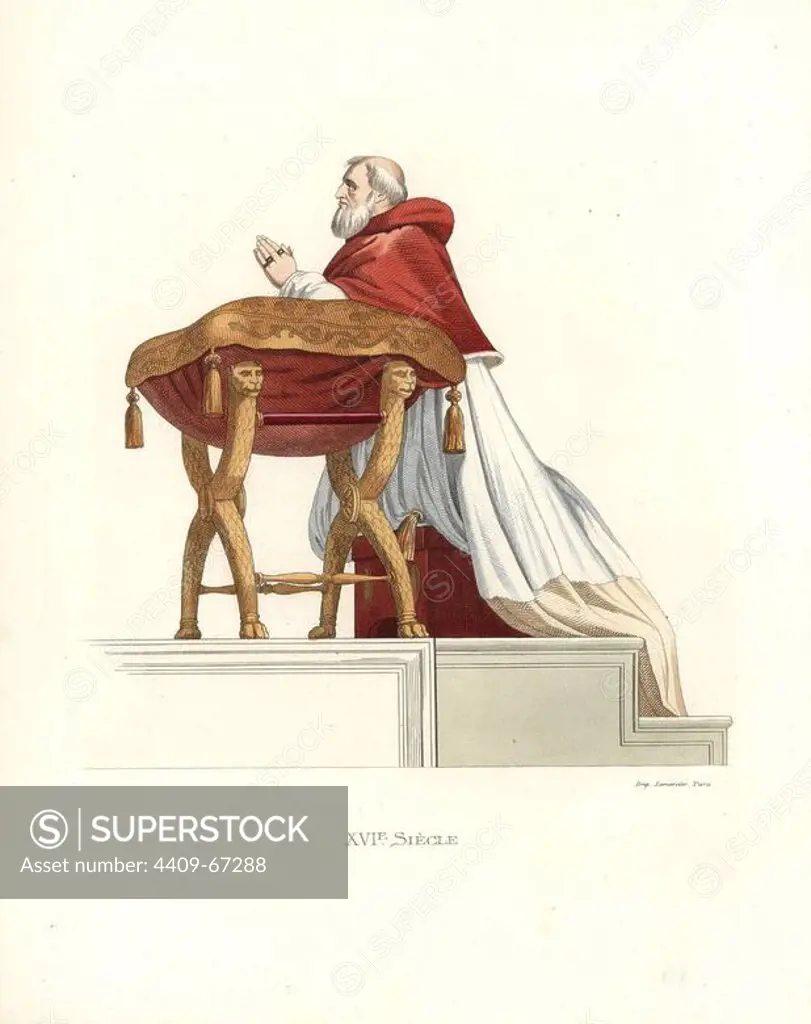 Pope Julius II (1503-1513), from a fresco by Raphael. Scarlet mozzetta over his shoulders, over a white surplice over cream cassock.. Handcolored illustration by E. Lechevallier-Chevignard, lithographed by A. Didier, L. Flameng, F. Laguillermie, from Georges Duplessis's "Costumes historiques des XVIe, XVIIe et XVIIIe siecles" (Historical costumes of the 16th, 17th and 18th centuries), Paris 1867. The book was a continuation of the series on the costumes of the 12th to 15th centuries published by Camille Bonnard and Paul Mercuri from 1830. Georges Duplessis (1834-1899) was curator of the Prints department at the Bibliotheque nationale. Edmond Lechevallier-Chevignard (1825-1902) was an artist, book illustrator, and interior designer for many public buildings and churches. He was named professor at the National School of Decorative Arts in 1874.