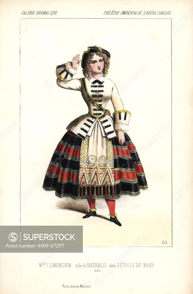 Soprano singer Marie-Charlotte Lemercier as Nathalie in "L'Etoile du Nord" at the Opera Comique. She had a "sweet and flexible voice," but lacked the ladylike and graceful manners of her younger sister Mlle. Betty (or Beaussire). Handcoloured lithograph by Alexandre Lacauchie from "Galerie Dramatique: Costumes des Theatres de Paris" 1853.