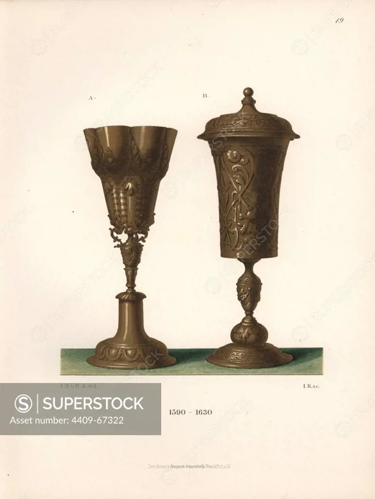 Two goblets in gilt-plated silver, Gothic style, 17th century, from a private collection in Munich. Chromolithograph from Hefner-Alteneck's "Costumes, Artworks and Appliances from the Middle Ages to the 17th Century," Frankfurt, 1889. Illustration by Dr. Jakob Heinrich von Hefner-Alteneck, lithographed by Joh. Klipphahn, and published by Heinrich Keller. Dr. Hefner-Alteneck (1811 - 1903) was a German museum curator, archaeologist, art historian, illustrator and etcher.