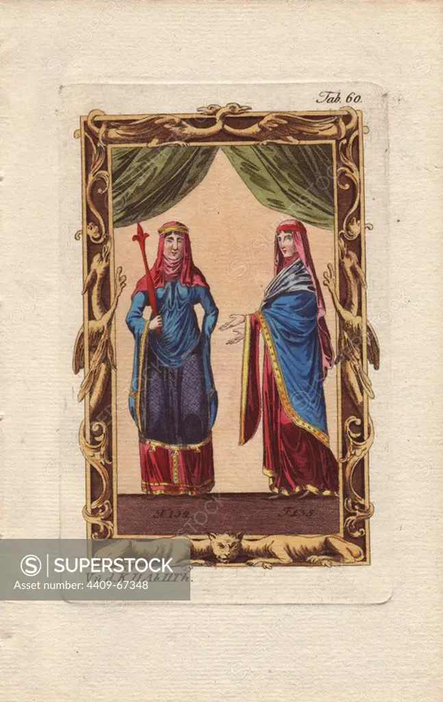 Norman noblewomen in frame decorated with mythical beasts.. A Norman woman wearing surtout, sleeves with pockets, veil and diadem (134).. A Norman noblewoman wearing a robe, sleeves with pockets, mantle, veil and diadem (135).. Handcolored copperplate engraving from Robert von Spalart's "Historical Picture of the Costumes of the Principal People of Antiquity and of the Middle Ages" (1796).