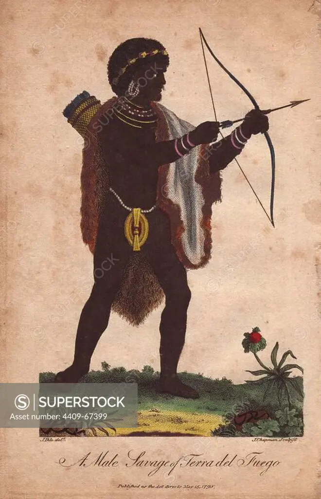 "A Male Savage of Terra del Fuego" A native of Terra del Fuego wearing necklace, beaded belt, furskin, and carrying a bow and arrow.. Hand-colored copperplate engraving from a drawing by Johann Ihle from Ebenezer Sibly's "Universal System of Natural History" 1794. The prolific Sibly published his Universal System of Natural History in 1794~1796 in five volumes covering the three natural worlds of fauna, flora and geology. The series included illustrations of mythical beasts such as the sukotyro and the mermaid, and depicted sloths sitting on the ground (instead of hanging from trees) and a domesticated female orang utan wearing a bandana. The engravings were by J. Pass, J. Chapman and Barlow copied from original drawings by famous natural history artists George Edwards, Albertus Seba, Maria Sybilla Merian, and Johann Ihle.
