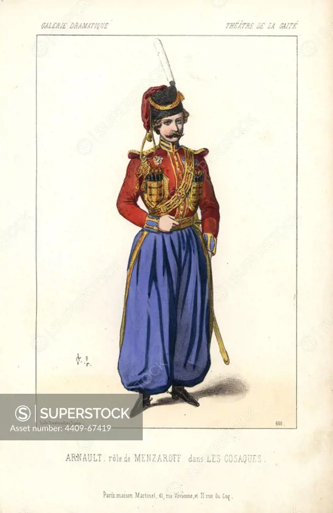 Arnault as Menzaroff in "Les Cosaques" at the Theatre de la Gaite. The Cossacks was a five act drama by Alphonse Arnault and Louis Judicis. Cossack in bearskin hat with plume, red jacket, blue harem pants and boots with spurs. Handcoloured lithograph by Alexandre Lacauchie from "Galerie Dramatique: Costumes des Theatres de Paris" 1853.