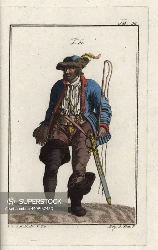 German coachman of the 16th century with whip, high boots and sabre. Handcolored copperplate engraving from Robert von Spalart's "Historical Picture of the Costumes of the Principal People of Antiquity and of the Middle Ages," Vienna, 1811. Illustration based on Cesare Vecellio's Habiti Antichi e moderni, Venice, 1590.