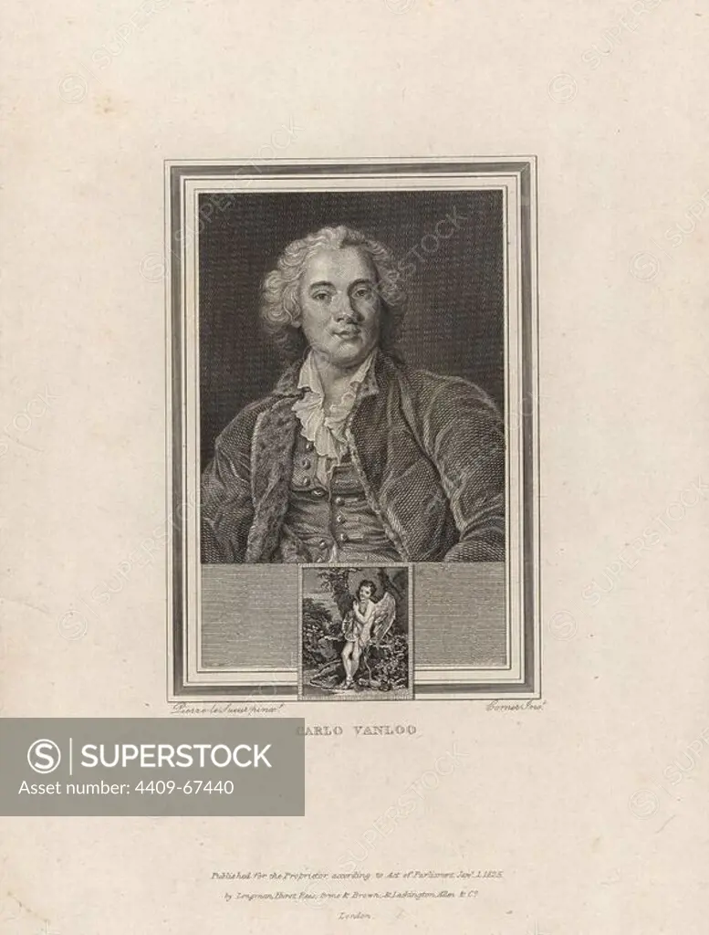 Portrait of Carlo Vanloo or Charles Andre Vanloo (1705-1765), French history painter.. Painted by Pierre le Sueur, Steel engraving by John Corner from "Portraits of Celebrated Painters with Medallions from their Best Performances" 1825.