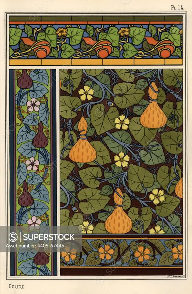Gourd in wallpaper, stained glass and fabric patterns. Lithograph by Verneuil with pochoir (stencil) handcoloring from Eugene Grasset's Plants and their Application to Ornament, Paris, 1897. Grasset (1841-1917) was a Swiss artist whose innovative designs inspired the art nouveau movement at the end of the 19th century.