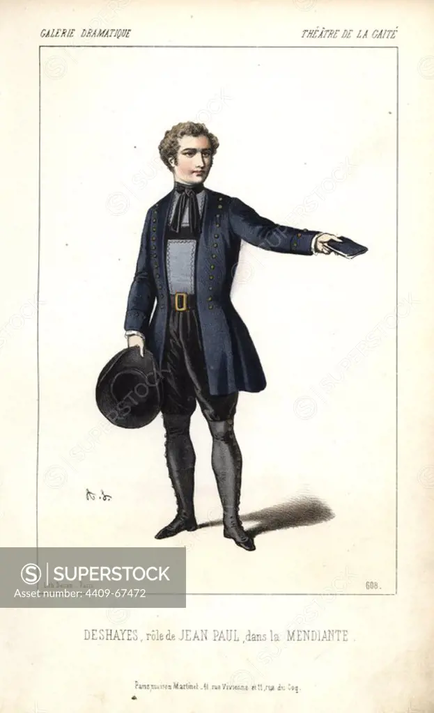 Deshayes in the role of Jean-Paul in "La Mendiante" at the Theatre de la Gaite.. Handcoloured lithograph by Alexandre Lacauchie from "Galerie Dramatique: Costumes des Theatres de Paris" ca. 1860.