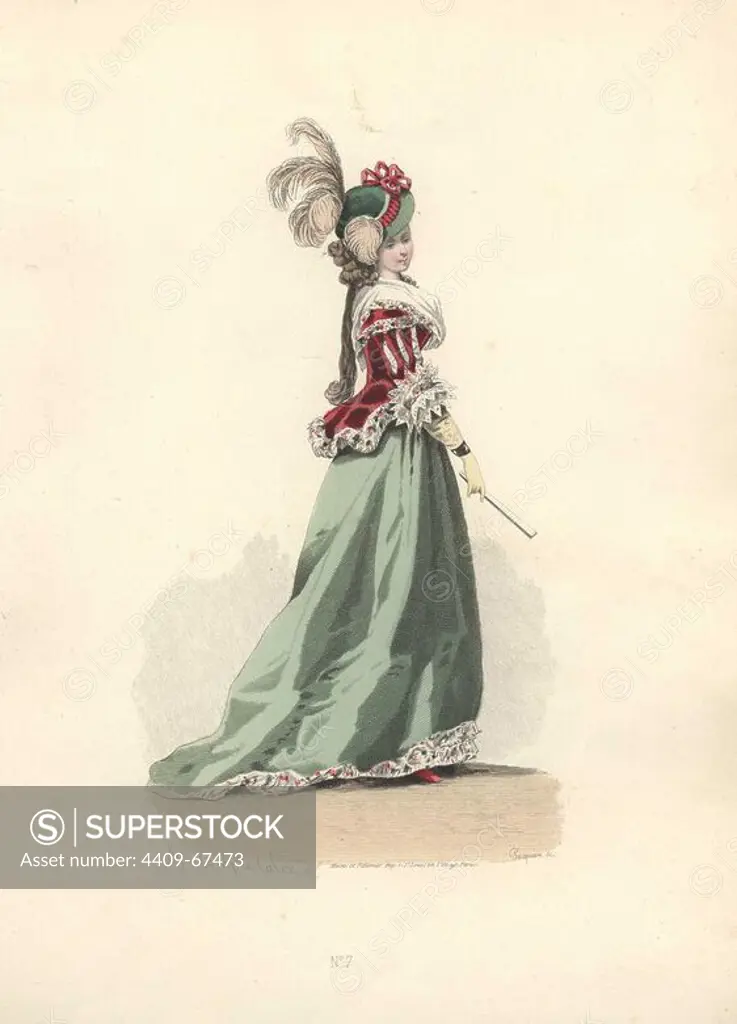 Woman in green feathered bonnet, scarlet velvet jacket over a long full green silk skirt with floral-print edging.. Francois-Claudius Compte-Calix (1813-1880) was a French painter and illustrator. A regular exhibitor at the Salons, he illustrated numerous books and several romantic books of poetry, and for many years contributed to the fashion magazine "Modes Parisiennes".. Handcolored lithograph of an illustration by Francois-Claudius Compte-Calix from "Les Modes Parisiennes sous le Directoire" (Paris Fashions under the Directory 1795-1799) 1865.