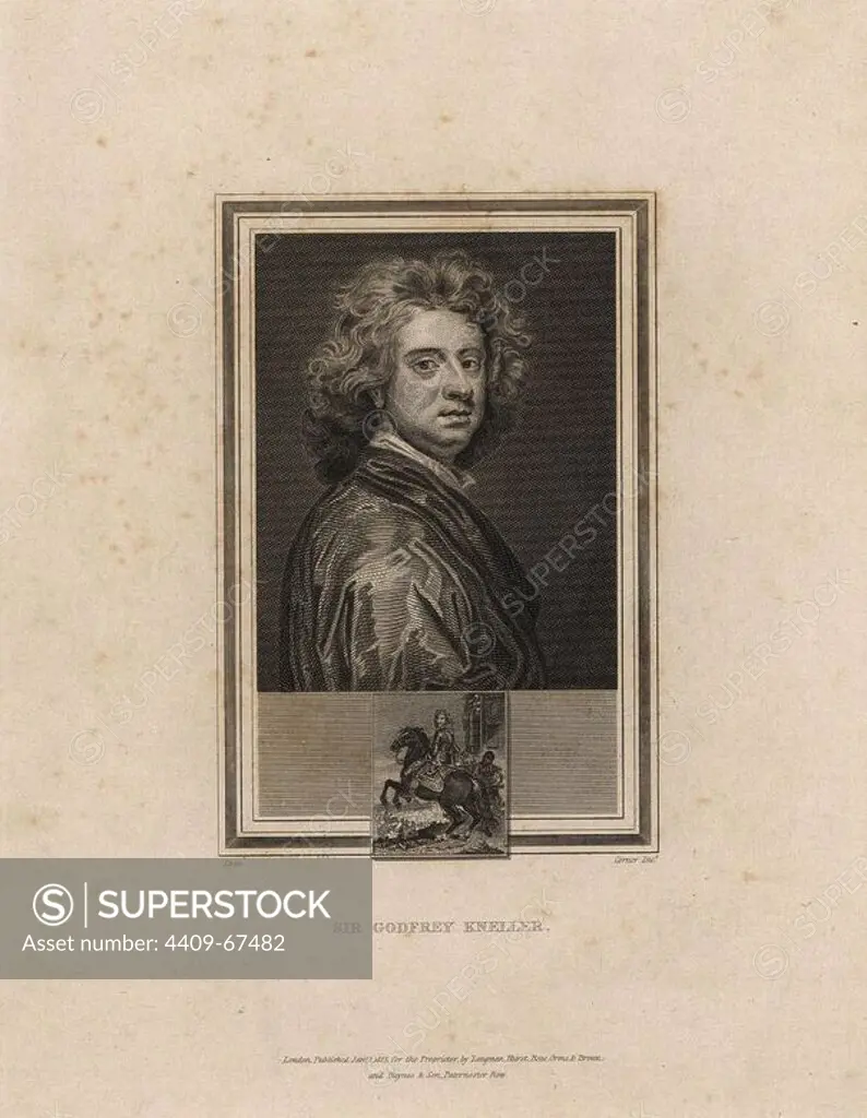 Self portrait of Sir Godfrey Kneller (1648-1726), Dutch portrait painter.. Steel engraving by John Corner from "Portraits of Celebrated Painters with Medallions from their Best Performances" 1825.