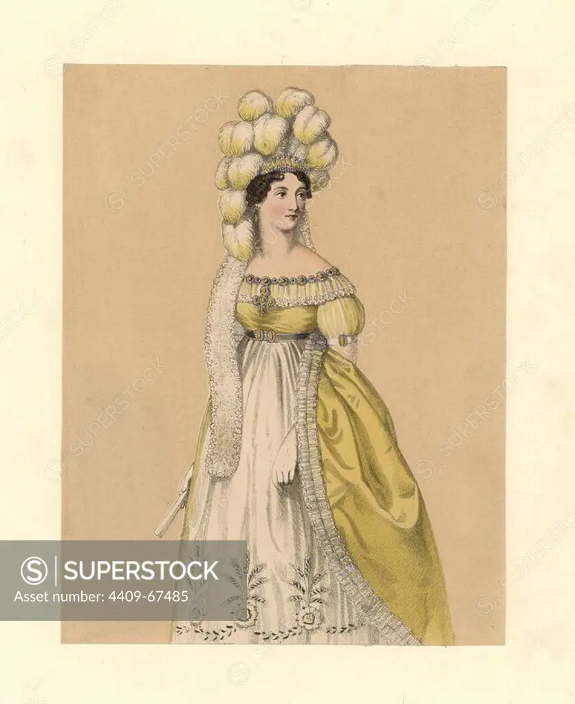 Dress of the reign of George IV, 1820~1830. Woman in feathered headdress, high-waisted gown and embroidered skirt, gloves and fan. Based on dresses preserved after the first Dressingroom held by the king, when hoops were abolished by command. Handcoloured lithograph from "Costumes of British Ladies from the Time of William the First to the Reign of Queen Victoria, London, Dickinson & Son, 1840. 48 mounted plates of women's fashion from 1066 to 1840 based on effigies, manuscripts, portraits, prints and literary descriptions.