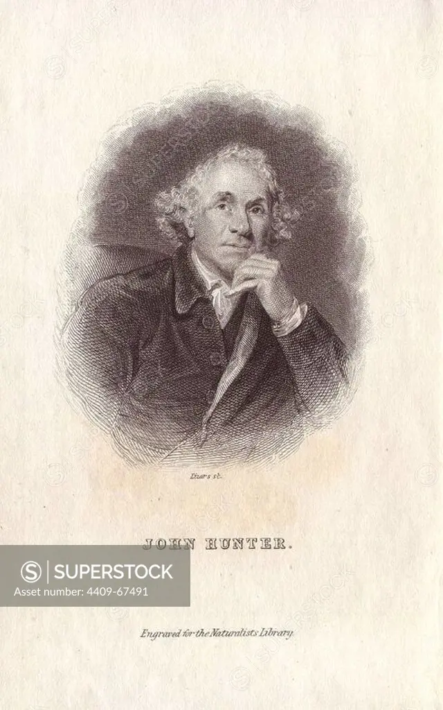 John Hunter (1728~1793) was a Scottish surgeon and anatomist and founder of the Hunterian Museum (now housed within the University of Glasgow).. Portrait engraved on steel by W.H. Lizars, for Sir William Jardine's "The Naturalist's Library" 1833, Edinburgh.