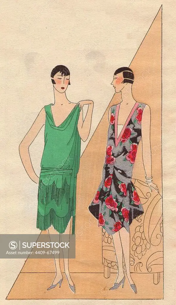 1920s art deco fashions: Woman in evening dress in green crepe with fringes, and a woman in a satin evening dress with large floral print in scarlet, black and grey. Handcolored pochoir (stencil) lithographs from the French luxury fashion magazine "Art, Gout, Beaute" 1926.