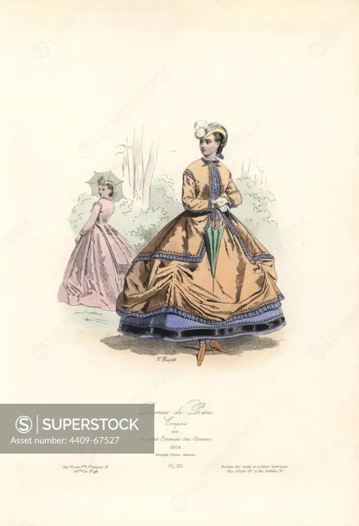 Parisian ladies, Empire era, 1864. Handcoloured steel engraving by Hippolyte Pauquet taken from the magazine "Le Petit Courrier des Dames" from the Pauquet Brothers' "Modes et Costumes Historiques" (Historical Fashions and Costumes), Paris, 1865. Hippolyte (b. 1797) and Polydor Pauquet (b. 1799) ran a successful publishing house in Paris in the 19th century, specializing in illustrated books on costume, birds, butterflies, anatomy and natural history.