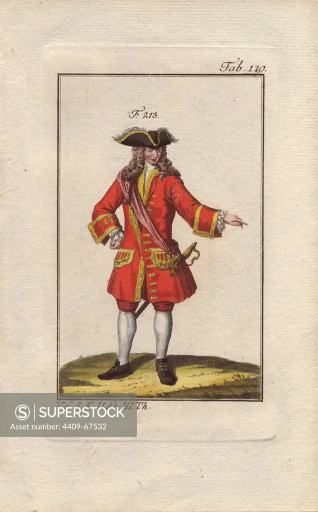 Commander of the Royal and Military Order of Saint Louis, a military order founded in 1693 by Louis XIV. The King was the Grand Master of the order, which had three ranks: Grand-Croix (Grand Cross), Commandeur (Commander) and Chevalier (Knight).. Handcolored copperplate engraving of a knight from a religious military order from Robert von Spalart's "Historical Picture of the Costumes of the Principal People of Antiquity and of the Middle Ages" (1796).