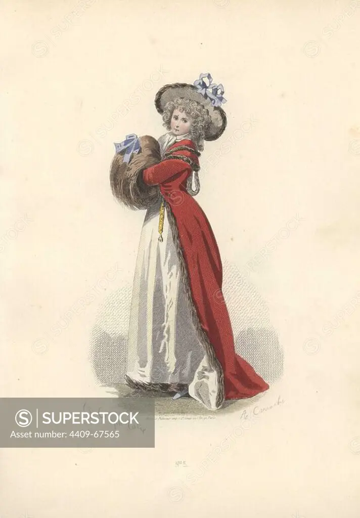 Woman in wig and bonnet, long crimson coat over white skirts, with both hands in a huge fur muff.. Francois-Claudius Compte-Calix (1813-1880) was a French painter and illustrator. A regular exhibitor at the Salons, he illustrated numerous books and several romantic books of poetry, and for many years contributed to the fashion magazine "Modes Parisiennes".. Handcolored lithograph of an illustration by Francois-Claudius Compte-Calix from "Les Modes Parisiennes sous le Directoire" (Paris Fashions under the Directory 1795-1799) 1865.