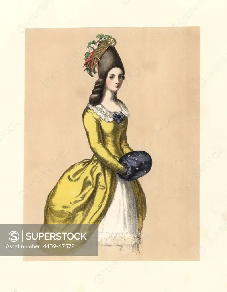 Dress early in the reign of King George III, 1760~1770. Woman with greengrocer's barrow headdress, bouffant hair, tight silk bodice with lace collar, silk muff and white petticoats. "The long side curls are imitated by carrots similarly disposed." Based on prints "The Maiden Aunt" 1776, "The Green Stall," "The Macaroni Courtship," and Bunbury. Handcoloured lithograph from "Costumes of British Ladies from the Time of William the First to the Reign of Queen Victoria, London, Dickinson & Son, 1840. 48 mounted plates of women's fashion from 1066 to 1840 based on effigies, manuscripts, portraits, prints and literary descriptions.
