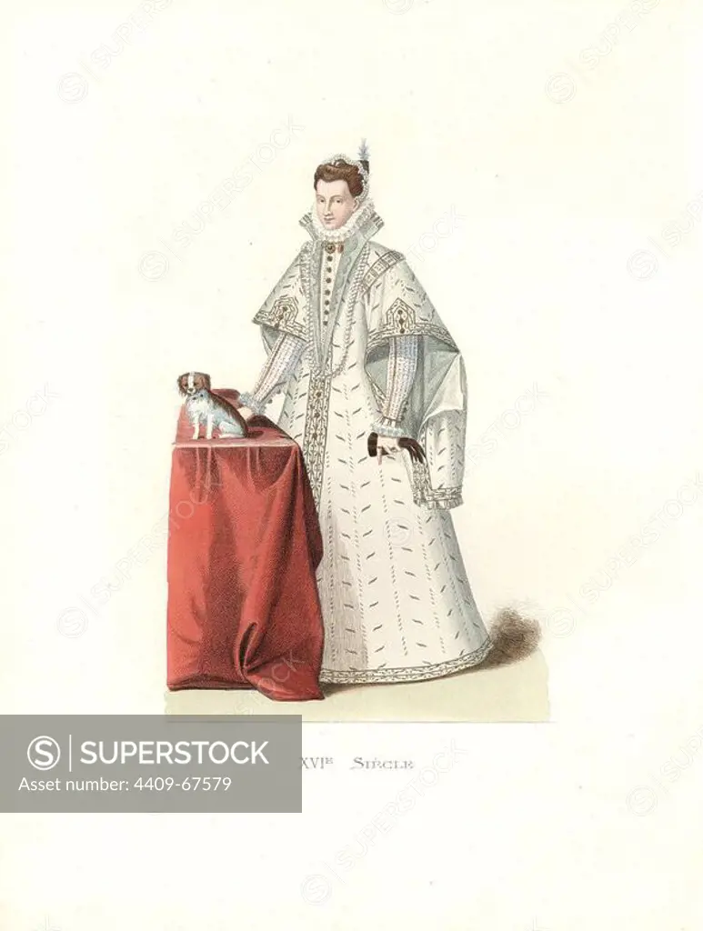 Italian noblewoman, 16th century, in ivory embroidered dress with wide slit sleeves, ruff collar, pearl and sapphire necklace, pearl headband. She pets a toy dog on the table.. Handcolored illustration by E. Lechevallier-Chevignard, lithographed by A. Didier, L. Flameng, F. Laguillermie, from Georges Duplessis's "Costumes historiques des XVIe, XVIIe et XVIIIe siecles" (Historical costumes of the 16th, 17th and 18th centuries), Paris 1867. The book was a continuation of the series on the costumes of the 12th to 15th centuries published by Camille Bonnard and Paul Mercuri from 1830. Georges Duplessis (1834-1899) was curator of the Prints department at the Bibliotheque nationale. Edmond Lechevallier-Chevignard (1825-1902) was an artist, book illustrator, and interior designer for many public buildings and churches. He was named professor at the National School of Decorative Arts in 1874.