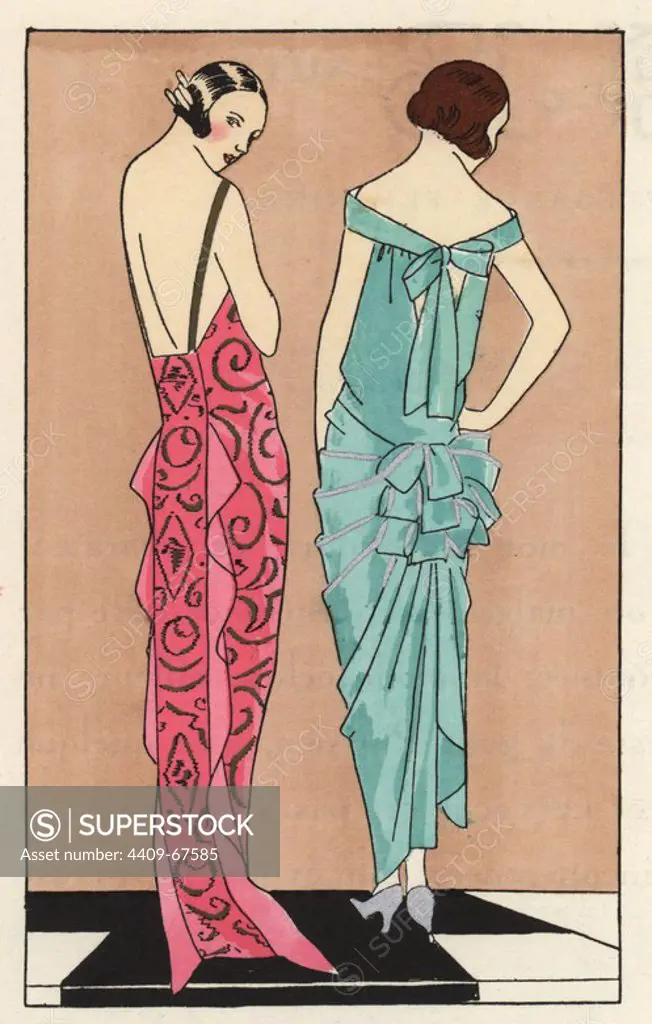 Evening dress with train in pink lame with shell pattern, and dinner dress in green decorated with silver. Handcolored pochoir (stencil) lithograph from the French luxury fashion magazine "Art, Gout, Beaute" 1923.