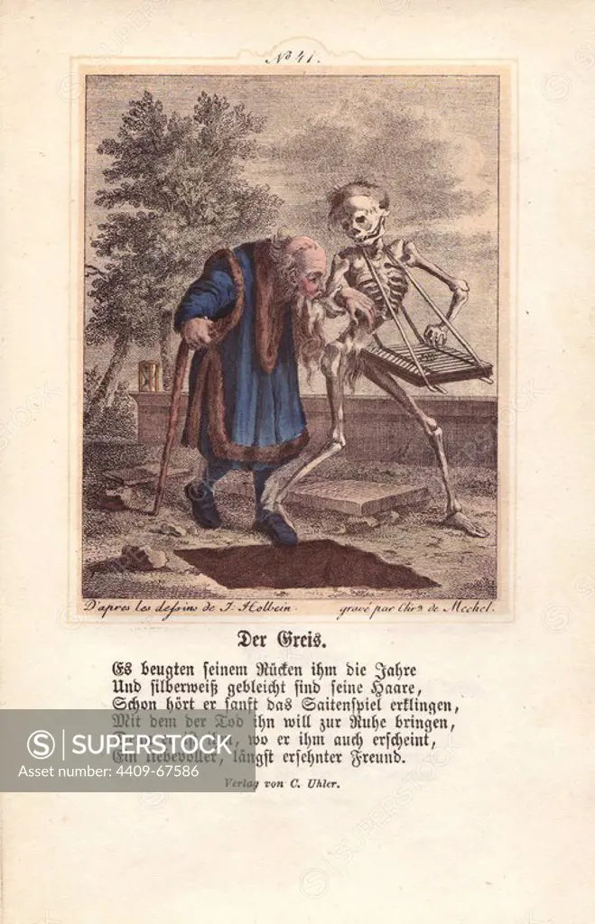 Death leads his aged victim to the grave, beguiling him with the music of a dulcimer. Hand-coloured engraving by Chretien de Mechel from Hans Holbein's "The Triumph of Death," based on original drawings by Peter Paul Rubens, 1860.
