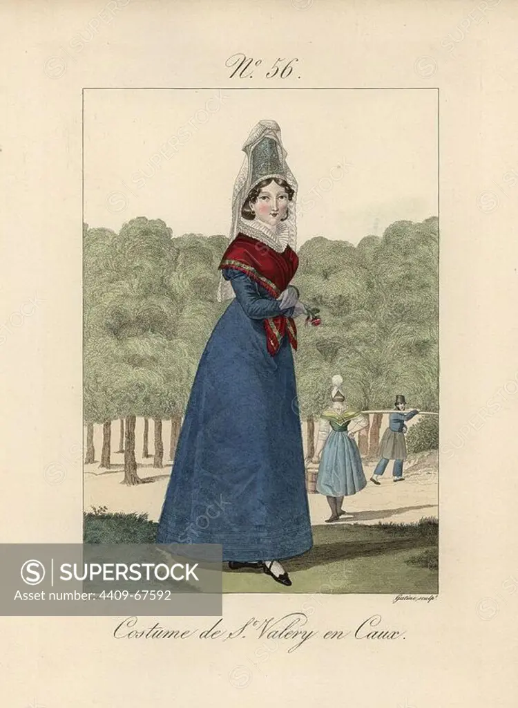 Costume of St. Valery en Caux. The bonnet is larger but not as tall as that of Bolbec, and the chignon is shorter. Hand-colored fashion plate illustration by Lante engraved by Gatine from Louis-Marie Lante's "Costumes des femmes du Pays de Caux," 1827/1885. With their tall Alsation lace hats, the women of Caux and Normandy were famous for the elegance and style.