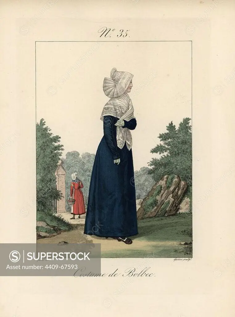 Woman in the costume of Bolbec. Tradeswoman in blue dress, lace shawl and bonnet. Bolbec is a town seven leagues from le Havre with a population of 5,500. Hand-colored fashion plate illustration by Lante engraved by Gatine from Louis-Marie Lante's "Costumes des femmes du Pays de Caux," 1827/1885. With their tall Alsation lace hats, the women of Caux and Normandy were famous for the elegance and style.