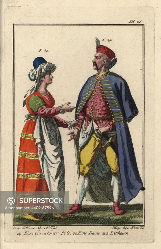 Nobleman of Poland and a woman of Lithuania. Handcolored copperplate engraving from Robert von Spalart's "Historical Picture of the Costumes of the Peoples of Antiquity, the Middle Ages and the New Era," written by Leopold Ziegelhauser, Vienna, 1837.